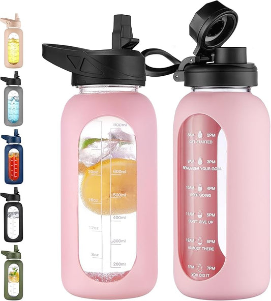 CIVAGO 32 oz Glass Water Bottle with Straw and Handle, Large Sports Motivational Water Bottle Flask with Time Marker and 2 Lids, Leakproof Water Jug Canteen with Silicone Sleeve for Gym,Pink