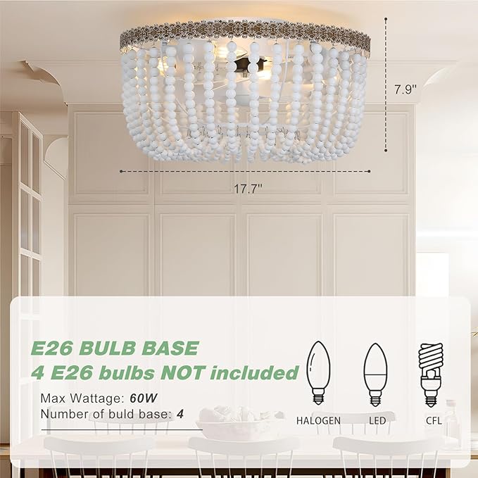 Boho Wood Beads Ceiling Fan with Light & Remote, 18" Coastal Fandelier Ceiling Fan with Light,Flush Mount Caged Ceiling Fan with 6 Speeds, Bohemian Fandelier Chandelier Fan for Bedroom/Kitchen/Nursery