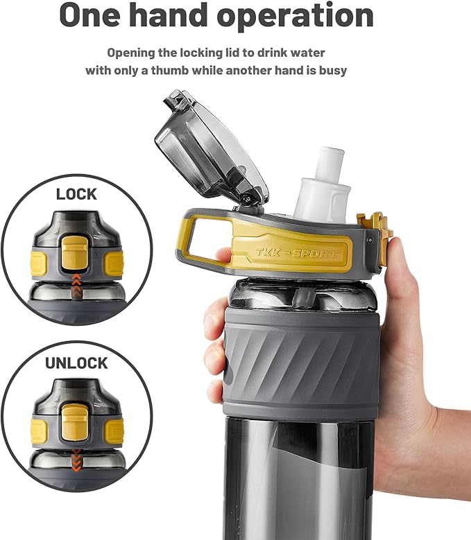 TKK 15oz Sports Water Bottles with Removable Straw Durable BPA Free Tritan Bottles Leak-Proof Water Bottles for School, Fitness, Gym, Outdoor, Grey
