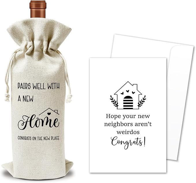 Housewarming Wine Gift Bags & Card, First New Home House Gifts for Women Men Wife Husband Friend Home Owner, 1 pcs Reusable Burlap Wine Gift Bags for Wine Bottles, Housewarming Party Decor Favor -35
