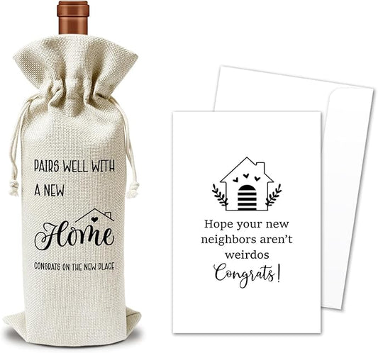 Housewarming Wine Gift Bags & Card, First New Home House Gifts for Women Men Wife Husband Friend Home Owner, 1 pcs Reusable Burlap Wine Gift Bags for Wine Bottles, Housewarming Party Decor Favor -35