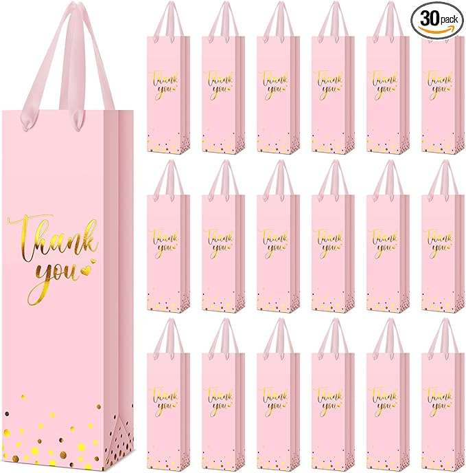Ctosree 30 Pcs Wine Gift Bag for Wine Bottle Wedding Wine Thank You Gift Bag with Metallic Gold Foil Print Kraft Wine Paper Favor Bag with Attractive Rope Handle for Graduation Bottle(Pink)