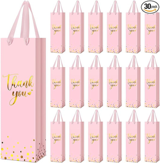 Ctosree 30 Pcs Wine Gift Bag for Wine Bottle Wedding Wine Thank You Gift Bag with Metallic Gold Foil Print Kraft Wine Paper Favor Bag with Attractive Rope Handle for Graduation Bottle(Pink)