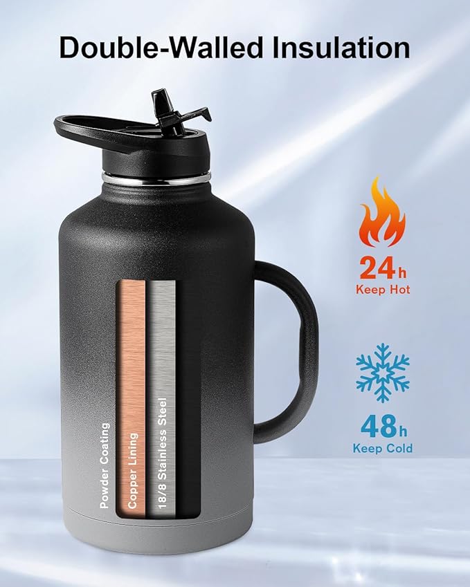 Trebo Half Gallon Water Bottle Insulated with Handle, 64 oz Double Wall Stainless Steel Metal Large Jug, Travel Flask with Straw Spout Lid, Mug Tumbler with Carry Pouch, Keep Cold Hot, Dark Gray