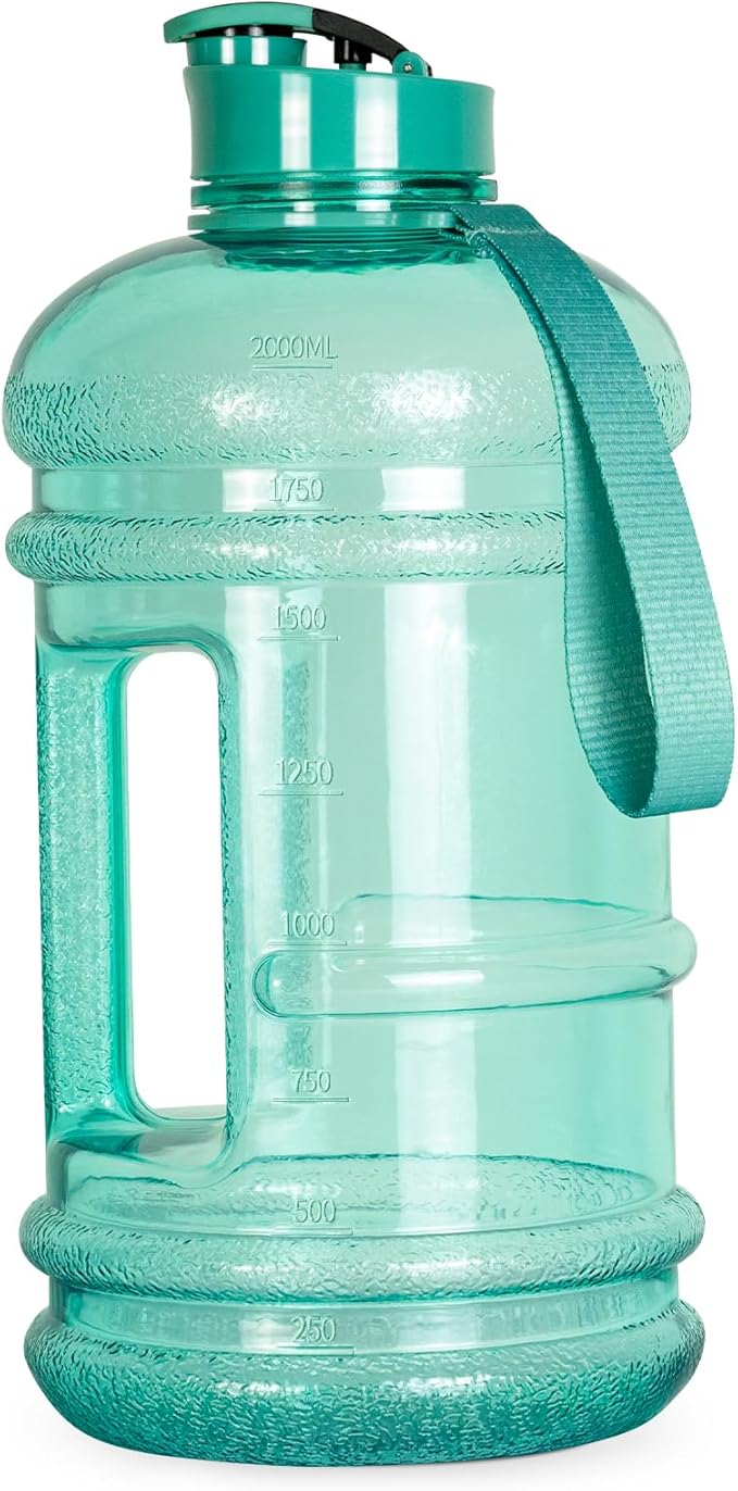 TOOFEEL Half Gallon Water Bottle with Flip Lid - 2 Liter Water Bottles BPA Free - Ideal for Gym, Big Water Bottle with Measurements Marked Drink Container - 2.2L 74oz Transparent Mint Greent Bottle