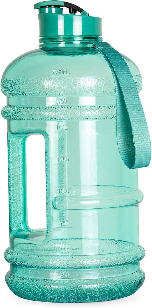 TOOFEEL Half Gallon Water Bottle with Flip Lid - 2 Liter Water Bottles BPA Free - Ideal for Gym, Big Water Bottle with Measurements Marked Drink Container - 2.2L 74oz Transparent Mint Greent Bottle