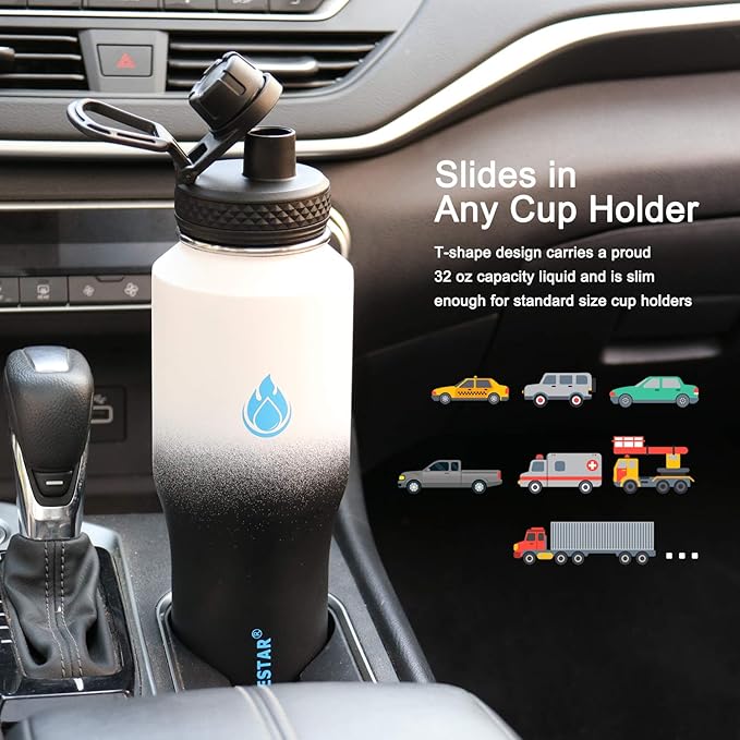 SENDESTAR Water Bottle 32oz,2 Lids(Straw lid),Wide Mouth Stainless Steel Vacuum Insulated Double Wall Keep Liquids Cold or Hot All Day,Sweat Proof Sport Design,Fit Car Cup Holder(Day&Night)