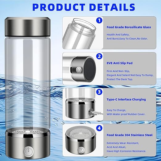 Purify Hydrogen Water Bottle Generator,Rechargeable Hydrogen Water Bottle with SPE/PEM Technology,Portable Hydrogen Water Lonizer Machine for Travel and Drinking