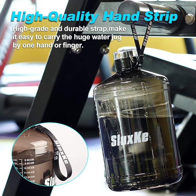 Gallon Big Water Bottle with Handle, 128oz Leakproof BPA Free Fitness Sports Water Bottle with Motivational Time Marker & Wide Mouth Ensure You Drink More Water