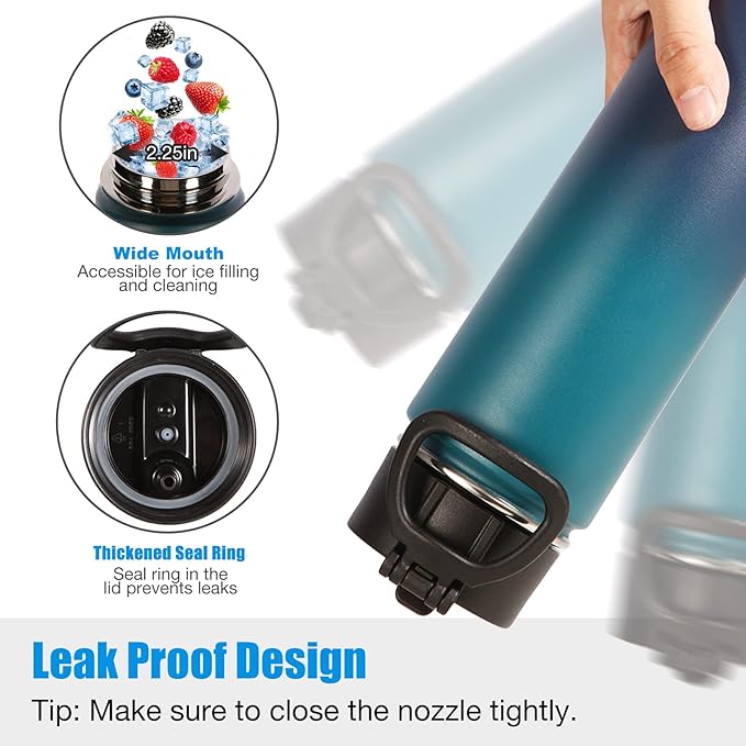 Volhoply 24 Ounce Insulated Water Bottle With Straw Lid,Stainless Steel Wide Mouth Sport Bottles With Handle,Double Wall Vacuum Thermos keep Cold,Reusable Travel Thermal Cups For Holder(Dark Night,1)