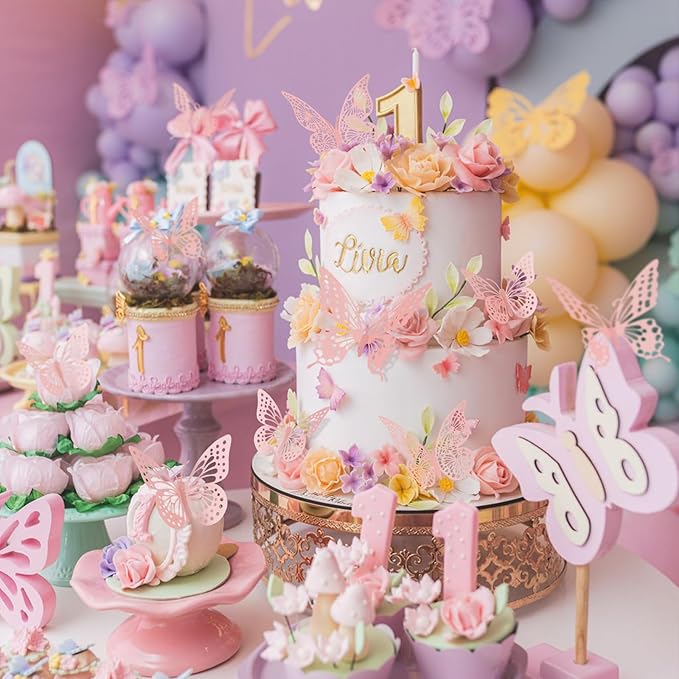 SAOROPEB 3D Butterfly Wall Decor 48 Pcs 4 Styles 3 Sizes, Pink Butterfly Birthday Decorations Pink Room Decor Butterfly Party Decorations Cake Decorations, Removable Wall Stickers (Pink)