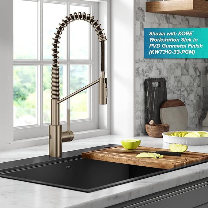 KRAUS Oletto Touchless Sensor Commercial Pull-Down Single Handle Kitchen Faucet with QuickDock Top Mount Assembly in Spot Free Antique Champagne Bronze, KSF-2631SFACB