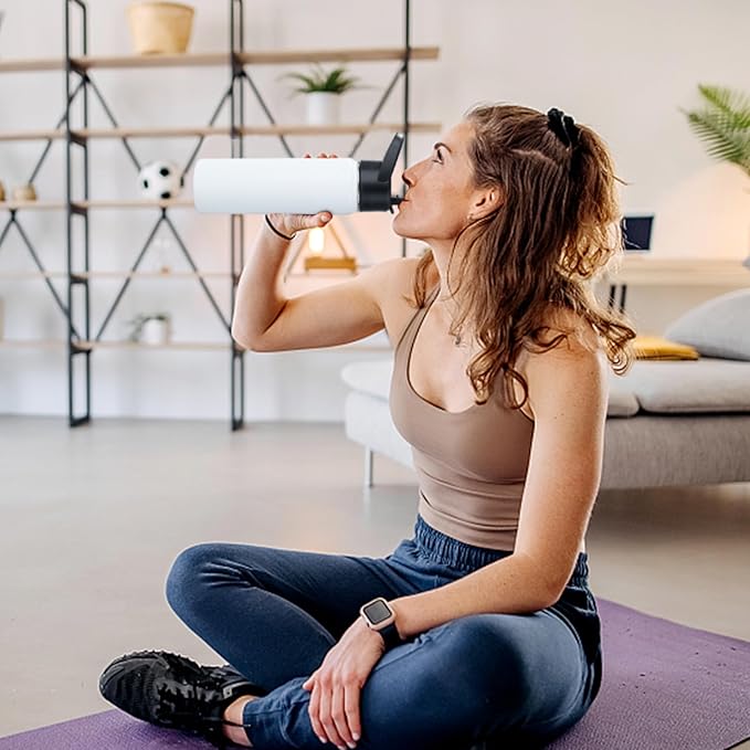 Stainless Steel Water bottle with Straw & Wide Mouth Lid, Wide Rotating Handle, 32oz Double Wall Vacuum Insulated Water Bottle Leak Proof, BPA Free, Keep Cold and Hot, 32oz, White