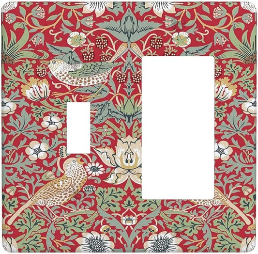 William Morris Strawberry Thief Botanical Red Green 2 Gang Single Toggle Rocker Combination Light Switch Covers Wall Plate Cover Electrical Faceplate Decorative Switchplate for Country Bedroom