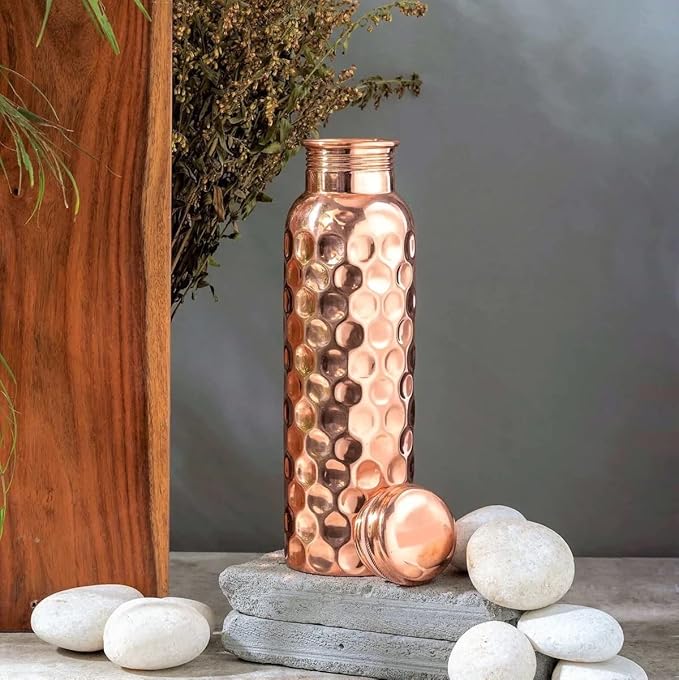 Copper Water Drinking Bottle Ayurvedic Health Benefits Diamond Pattern Water Bottle (1 Bottle and 1 Glass)