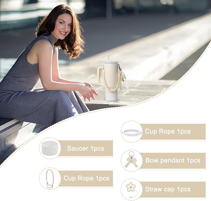 Stanley Cup Accessories Set- Water Bottle Handle Strap, Stanley Cup Protective Silicone Boot, Bow Design Stanley Charms for Stanley Cup 40oz /30 oz Tumbler (white)