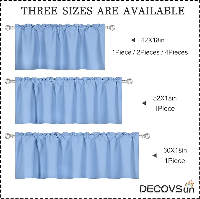 Sky Blue Valance for Windows 60x18 Inch Solid Thermal Insulated Blackout Rod Pocket Kitchen Short Curtain Toppers Valance for Bathroom Living Room, Light Baby Blue