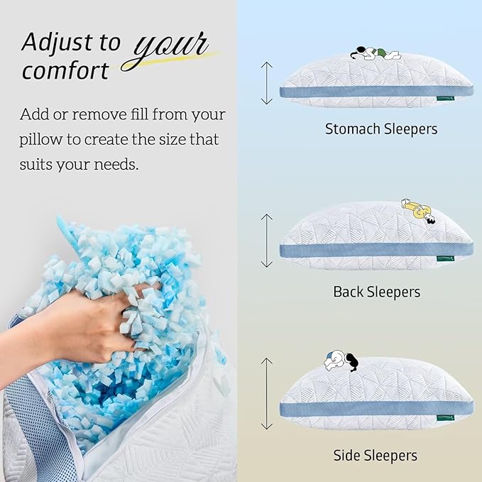 BETU Cooling Pillow Queen Size, Shredded Memory Foam Cool Pillow for Hot Sleepers, Adjustable Firm Soft Support Bed Pillows Perfect for Back Neck Pain and Side Sleeping with Pillow Case Cover, Blue