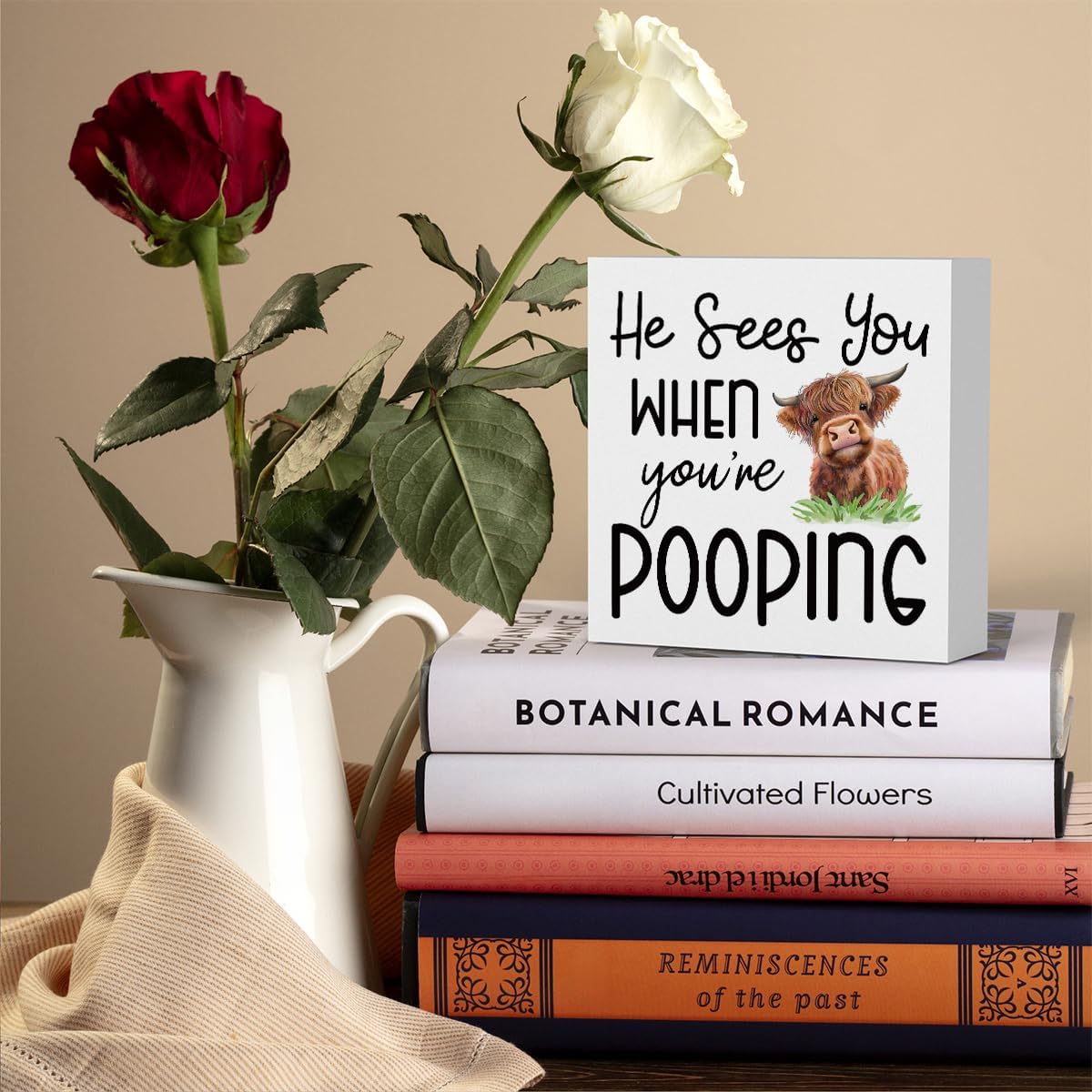 Funny Highland Cow Bathroom Decor Are You Pooping Sign Highland Cow Gifts for Women Highland Cow Nursery Decor, Wooden Box Decor Sign for Home Farmhouse Office Living Room Table Shelf Tiered