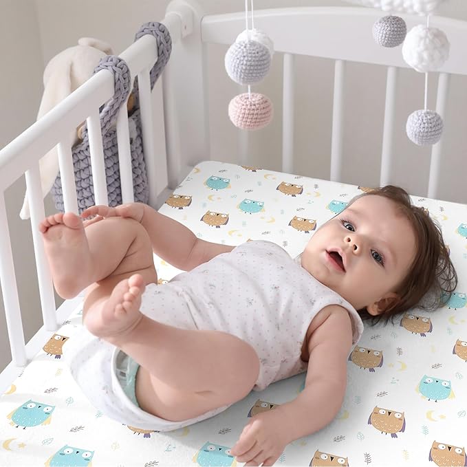 Pack n Play Sheet Fitted Sheet. 2 Piece Mini Crib Sheet Elastic Playard Sheet Set Portable Sheet Set Elastic Convertible Playard Pad. Compatible with Graco Pack n Play. (Owl and Tree Bag)