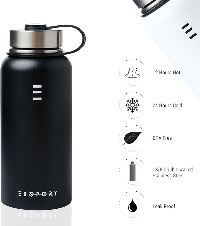 Stainless Steel Water Bottle - 32 Oz Water Bottle with Straw Lid, Coffee Lid, and Wide Mouth Lid - Double Insulated Water Bottle - Metal Water Bottle - Hot and Cold Insulated Thermos - (Black)