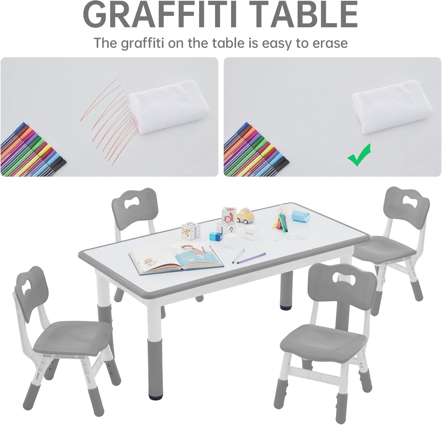 Kids Study Table and Chairs Set, Height Adjustable Toddler Table and Chair Set for Kids Ages 3-8, Graffiti Desktop (Grey)