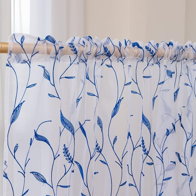 Windows Sheer Curtains Embroider Blue Leaf 72 Inches Length 2 Panels Voile Light Filtering Sheer Curtains Panel Basic Rod Pocket for Bedroom Living Room Children Room
