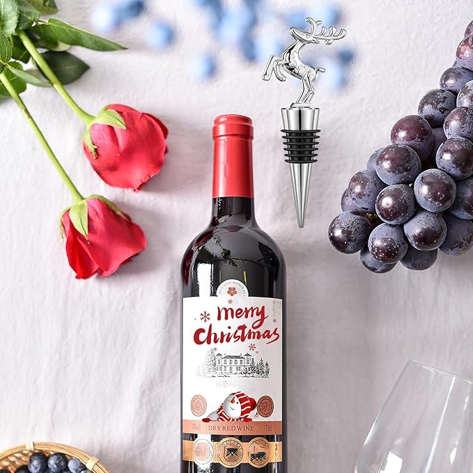 Christmas Wine Bottle Stoppers 5-Packs - Wine Saver Zinc Alloy Silicone, Reusable Leak Proof Keep Fresh Wine Corks, for Gifts, Bar, Holiday, Party, Wedding, Camping for Standard Bottle （Deer）
