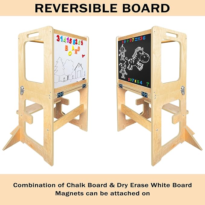 Kitchen Step Stool for Kids 5 in 1 Montessori Kitchen Tower for Kids, Kids Step Stool Standing Tower, Natural Wood