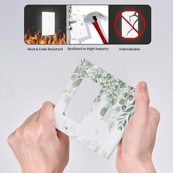 Green Eucalyptus Rustic Botanical Plant Leaves 2 Gang Single Toggle Rocker Combination Boho Light Switch Covers Decorative Wall Plate Cover Electrical Faceplate Switchplate for Country