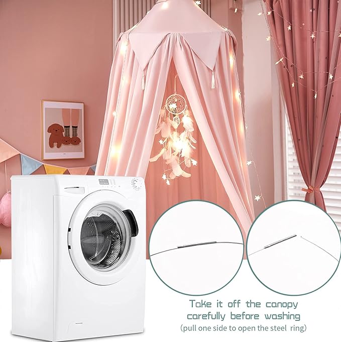 Akiky Bed Canopy for Girls with Lights Princess Dream Catcher for Kids Reading Nook Bed Tent for Twin Full Queen Size Bed,Room Decor (Beige Pink)