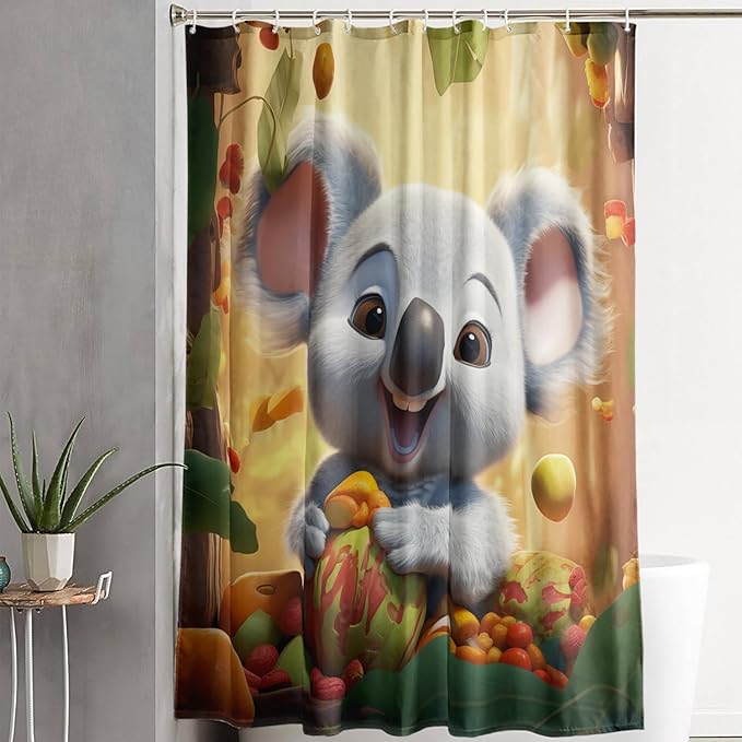 AILONEN Cartoon Koala Shower Curtain for Kids,Kawaii Fruit Koala Shower Curtain for Bathroom,Girls,Lovely Animals Shower Curtain Set with Hooks,72" W*72" H