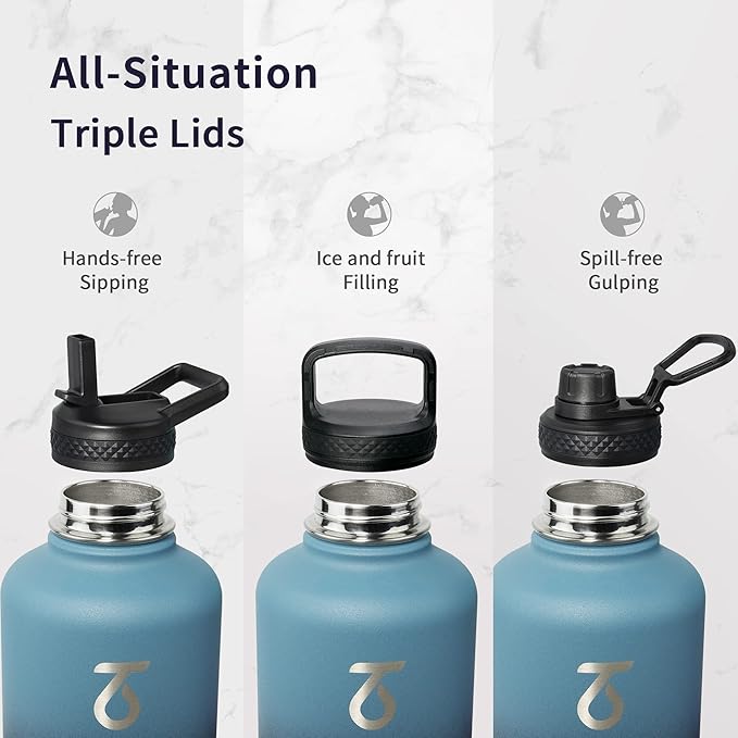 Trebo Water Bottle 64oz with Paracord Handle, Half Gallon Food-grade Double Wall Vacuum Stainless Steel Insulated Jug with Holder Strap Straw Spout Handle Lids, Leakproof Keep Cold & Hot, Indigo/Black