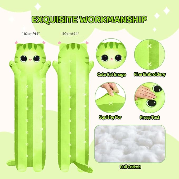 Long Cat Plush Kawaii Kids Plush Toy Pillows, Cute Cat Stuffed Animals Soft Plushies, Kitten Big Plush Toys Throw Body Pillow Doll Gift for Girls Boys (Cactus Cat 44 Inch)
