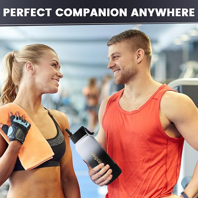 Water Bottle 32oz, Triple Walled Insulated Stainless Steel Reusable Bottle, Silicone Sleeve, Cleaning Brush, 2 Lids (Spout lid & Straw lid w/2 straw), Metal Mug Gallon, BPA Free, Day&Night