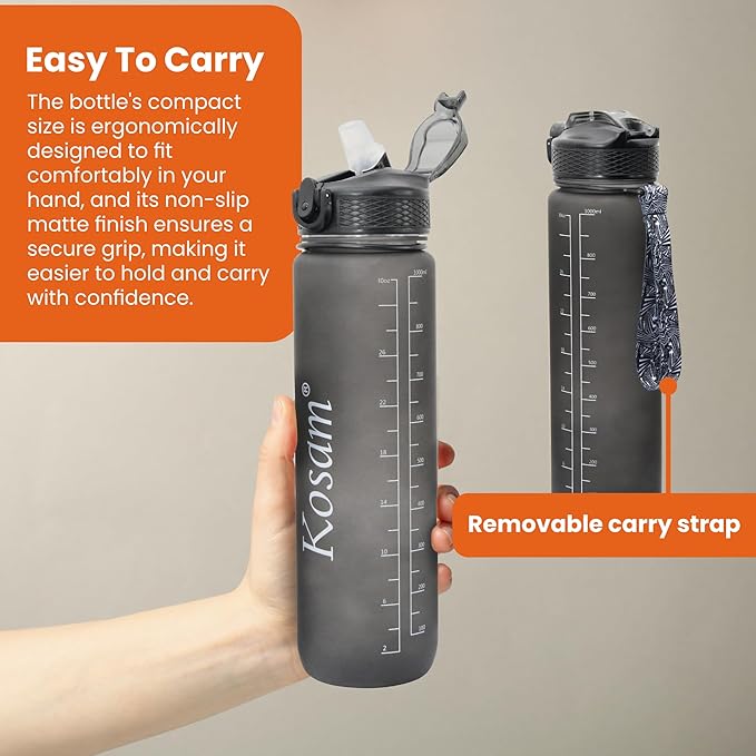 KOSAM Water Bottle 1L Sports Water Bottle with Motivational Time Marker & Straw, Dishwasher Safe Leak-proof Drink Bottle BPA Free Non-Toxic Tritan Material 1 Click Open for Running Gym