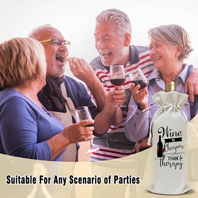 Wine is Cheaper Than Therapy - Wine Canvas Bag, Wine Lover Gift Funny Wine Gift Bag, Birthday Gifts for Women Men, Wine Bags for Wine Bottles, Wine Gifts With Drawstring Holiday Party Decoration -WB22