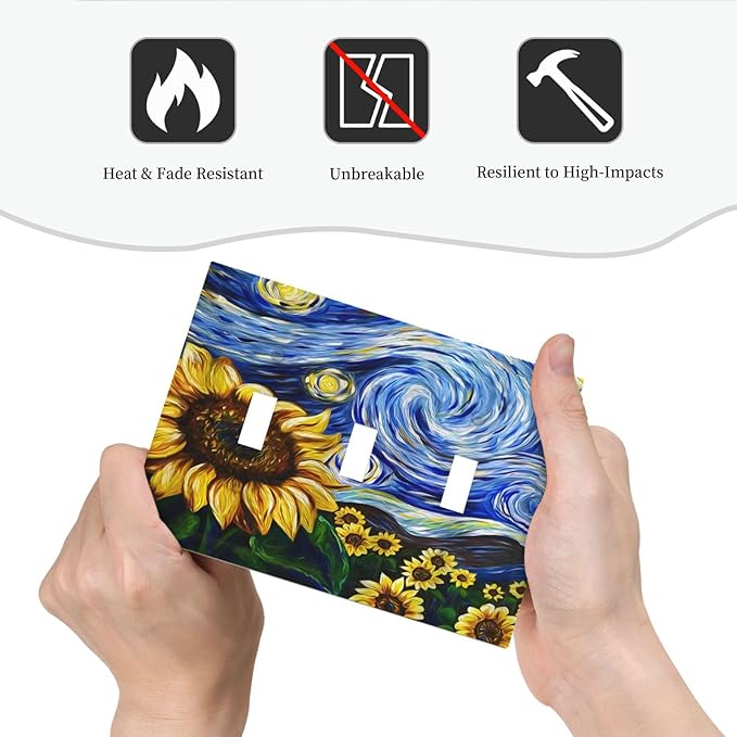 Vintage Abstract Blue Starry Sunflower 3 Gang Light Switch Covers Triple Toggle Wall Plate Decorative Switchplate Electrical Faceplate for Farmhouse Country Bedroom Decor