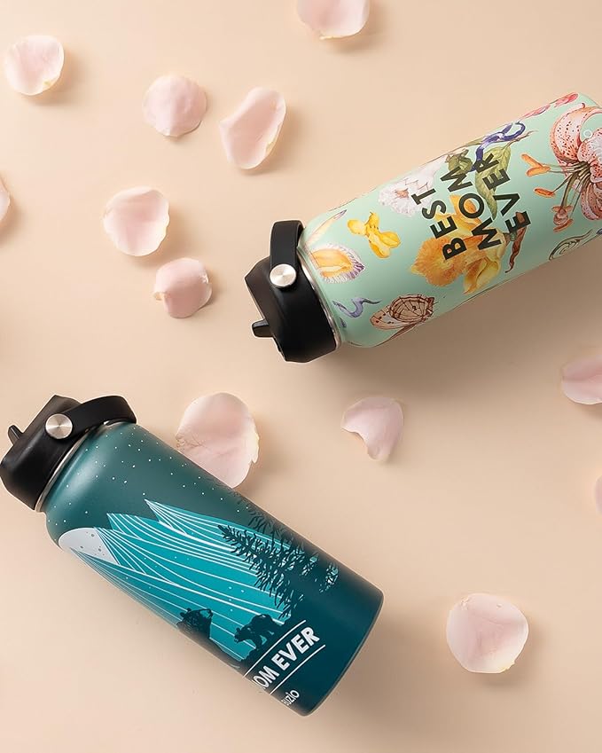 BUZIO 32oz Mom Water Bottle Bear Mama, Vacuum Insulated Water Flask with Straw, Stainless Steel Water Bottle Metal Thermo Mug for Mother Day, Best Mom Birthday Gifts from Kids