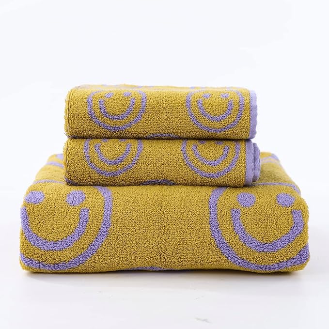 Luxury Purple Yellow Cute Smiling Face Bath Towel Sets for Bathroom, 1 Bath Towels 2 Hand Towels Washcloths, 100% Cotton Ultra Soft Highly Absorbent for Women Kids Girl Boy Face Body