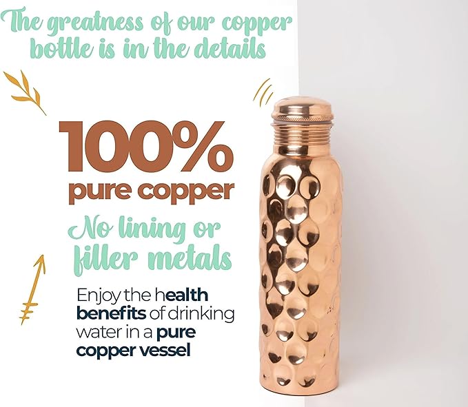Diamond Cut Copper Water Bottle - Leak Proof Ayurvedic Drinkware Copper Vessel for Sports, Gym, Outdoors, Yoga (30 oz)