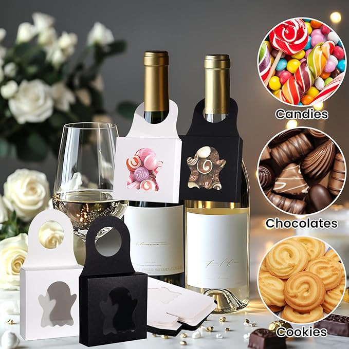 Megitzuu 30PCS Wine Bottle Box with Window, Kraft Paper Wine Boxes for Halloween Gifts Hanging Pumpkin Treat Box Mini Charcuterie Boxes Wine Bottles Gift Bags Goodies Candy Box Party Favor (Ghost)