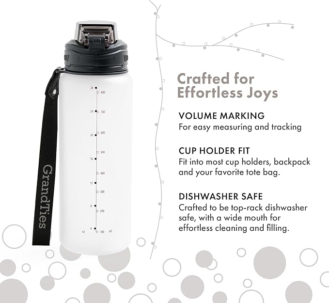 GRANDTIES Sports Tritan Plastic Water Bottle with Straw, Removable – Leakproof BPA Free Dishwasher Safe Travel Water Bottle with Strap for Gym, Outdoor, Fitness (Frosted Snowy White, 28oz (800mL))