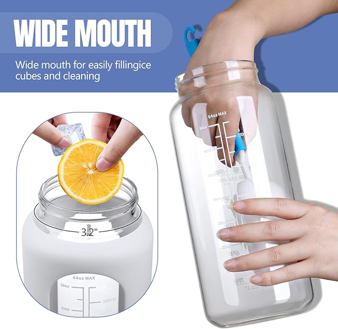 MUKOKO 64oz Glass Water Bottles with Straw, Half Gallon Water Bottle with Time Marker, Motivational Water Bottle with Silicone Sleeves,Large Glass Water Bottle for Gym,Working,Outdoor,White