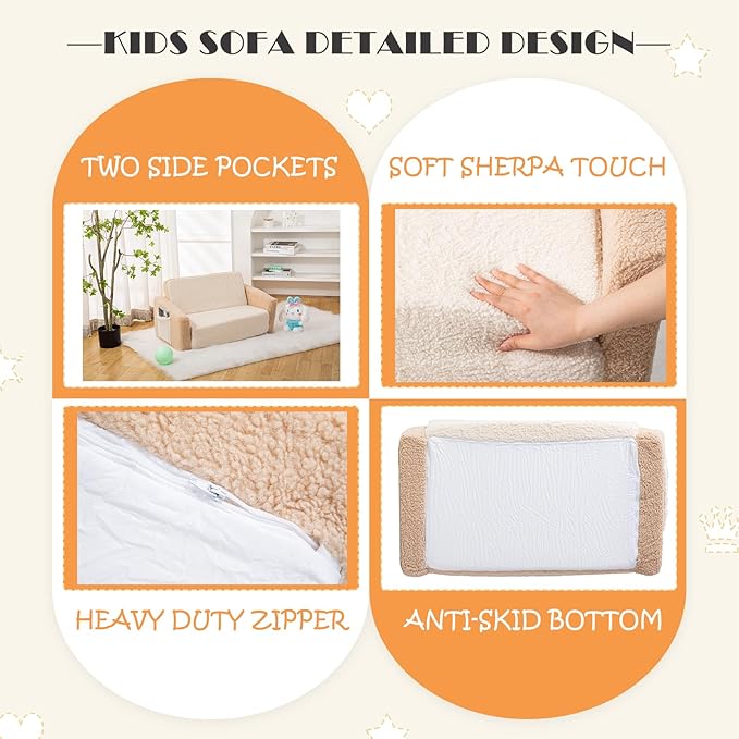 Baby Toddler Sofa Couch for Kids Extra Wide 2-in-1 Toddler Sherpa Fold Out Couch Bed for Playroom, Pull Out Children Convertible Sofa to Lounger for Boys & Girls with Double Pockets, Khaki-Cream