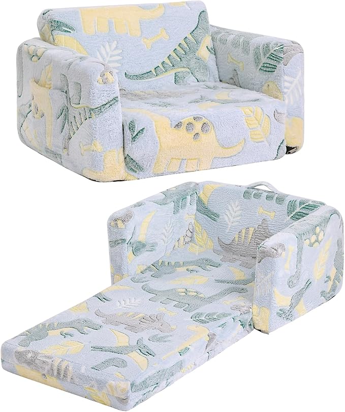 Tiita Kids Sofa, 2-in-1 Kids Sofa Chair, Convertible Children Couch to Lounger, Flip Out Kids Sofa Chair, Glow in The Dark Toddler Armrest Chair Bed for Girl or Boy (Grey Dinosaur)