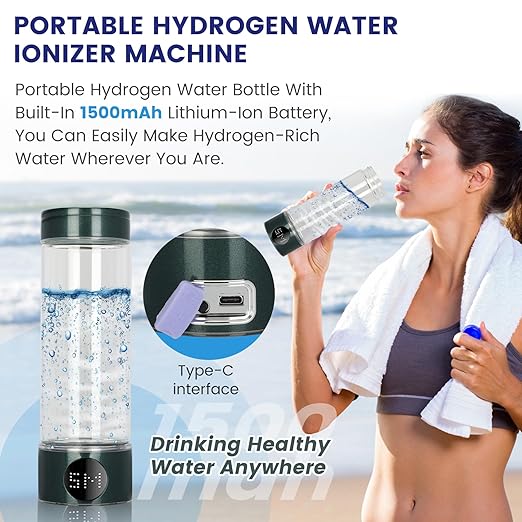 Hydrogen Water Bottle 2024, 400ML Portable Hydrogen Water Bottle Generator 5 Minute Rapid Electrolysis 1500PPB, Hydrogen Water Ionizer Machine 1500mAh Battery, for Home Office Travel (Green)