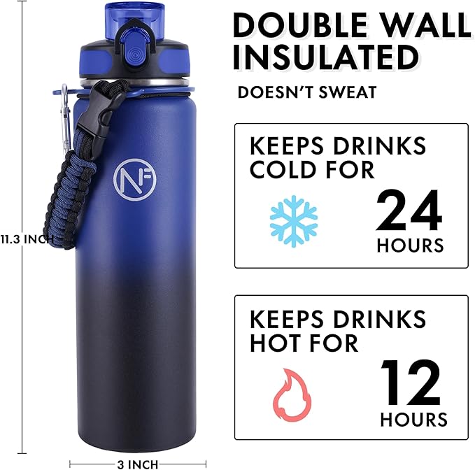 32 oz Insulated Water Bottle With Detachable Straw & Paracord Handle, Stainless Steel Thermos Water Bottle with Leakproof Lockable Lid, BPA-Free Sports Bottle (Blue Black Gradient)