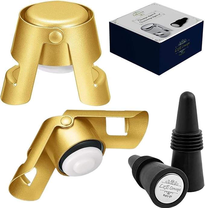 Champagne Stoppers for Sparkling Bottle Sealing - Saver Accessories Toppers for Wine Napa Moet Bottega - Cone-shaped wine stoppers and Dual-sided Stainless Steel Cover Bottles Set (Gold, 2 & 2)