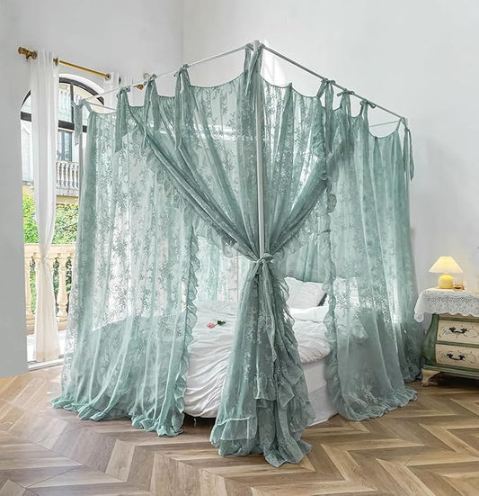 Mengersi Canopy Bed Curtains with Tie Backs,Bed Canopy Curtains Bed Drapes Sheer Lace Curtains for Bedroom Decor（Queen,Sage Green